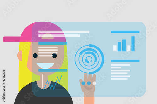 Young female character touching a blue transparent futuristic screen / flat editable vector illustration, clip art
