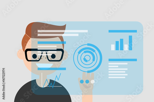 Young character touching a blue transparent futuristic screen / flat editable vector illustration, clip art