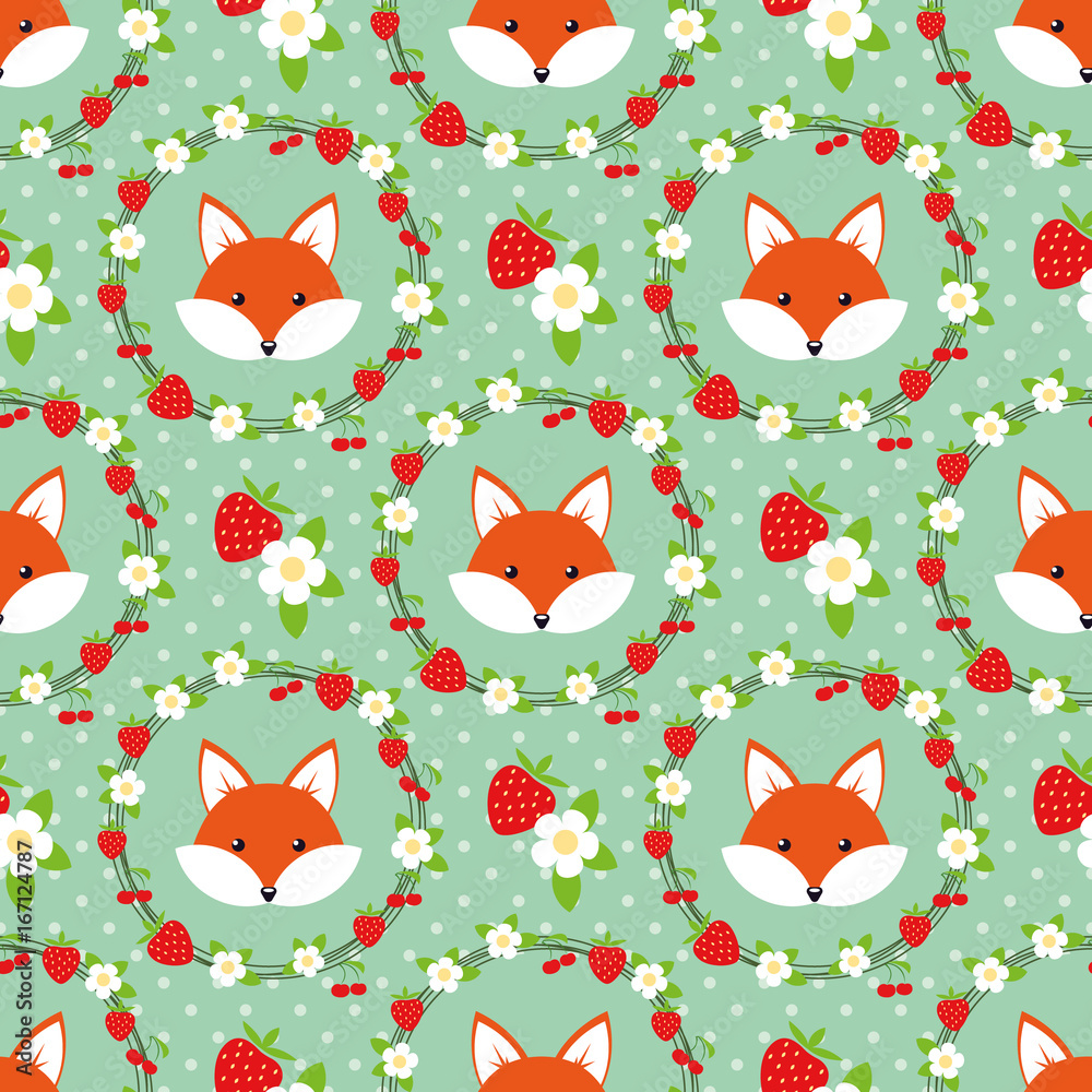 Cute cartoon foxes in a frame of flowers and berries, seamless vector illustration Cute cartoon foxes in a frame of flowers and berries, seamless vector illustration