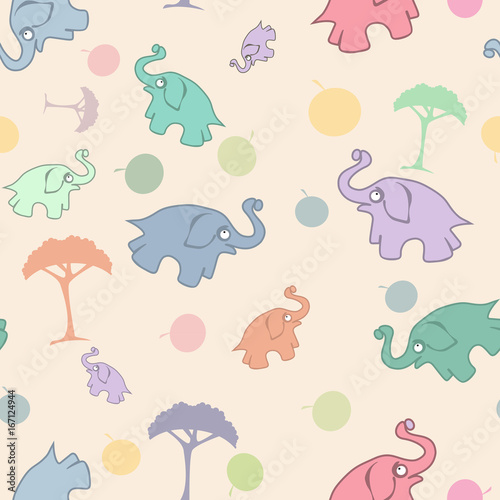 Children's seamless pattern with elephants and trees, fruits.