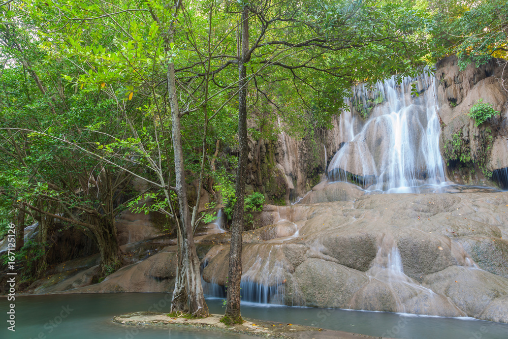 Naklejka premium Beautiful landscape of tropical Saiyok waterfall in Kanchanaburi, Thailand