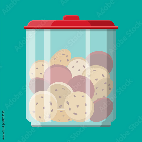 Glass jar with choclate cookies inside.