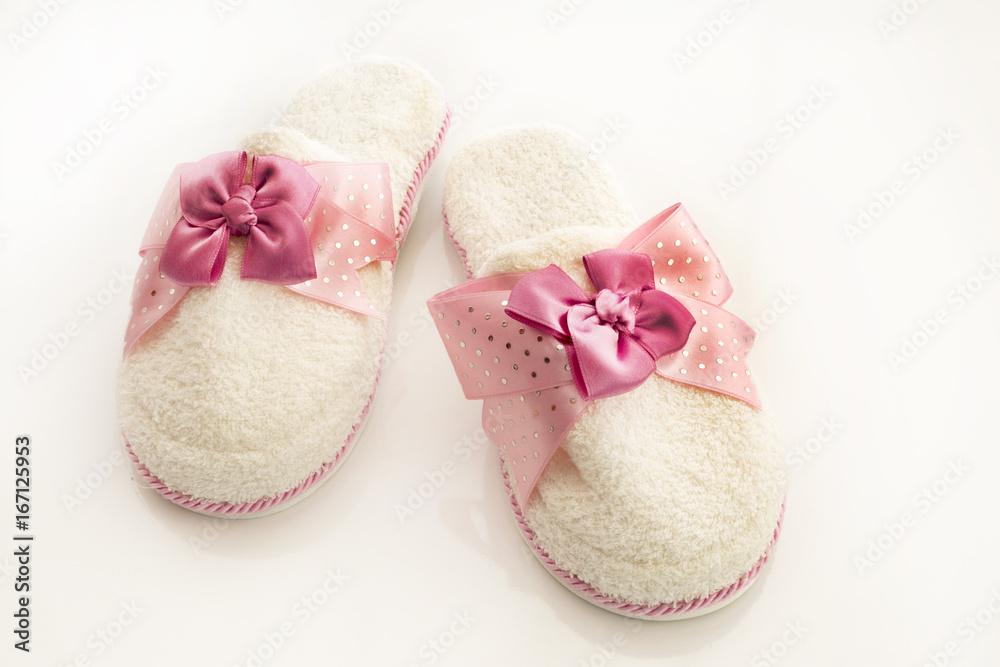 Pair of blank white home slippers. Bed shoes accessory footwear Pair of blank white home slippers. Bed shoes accessory footwear