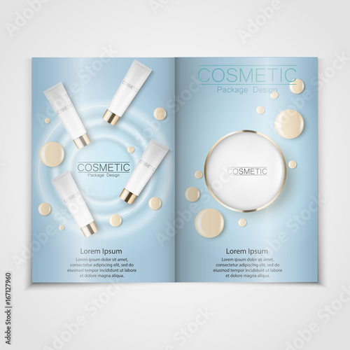light blue cosmetic brochure design can also be used on catalogs or magazines, 3d illustration. Foundation drops and concealer. Vector illustration