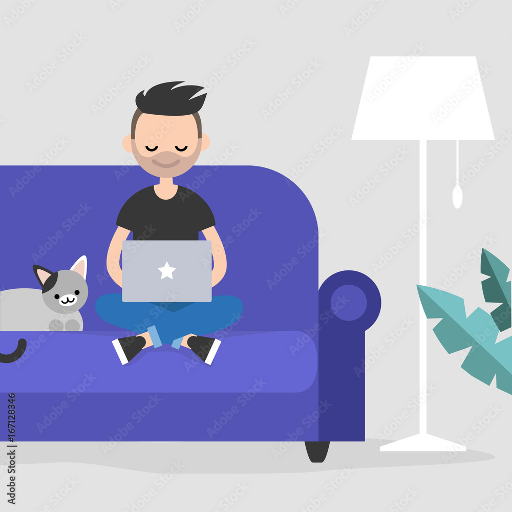 Young freelancer working at home / flat editable vector illustration, clip art Young freelancer working at home / flat editable vector illustration, clip art