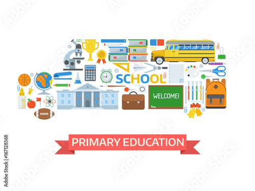 Primary education concept illustration for banner or hero image. Back to school icons. Studying and learning elements collection stylized in school-bus shape. , Stationery, equipment and appliances.