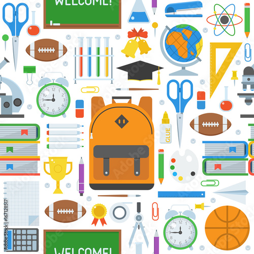 Basic education seamless background. Back to school pattern with study and learning icons and stationery elements.