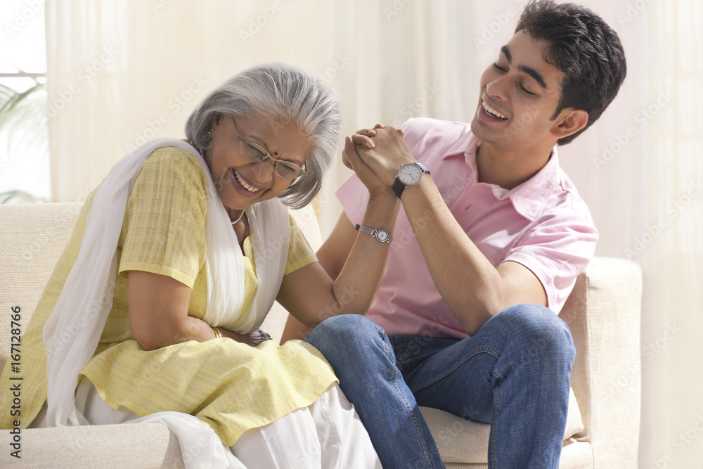 Grandmother and grandson in a playful mood Grandmother and grandson in a playful mood