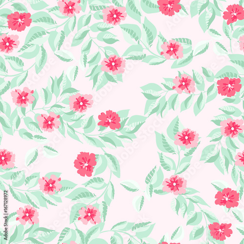 Floral seamless pattern from thin twigs with leaves and flowers. For fabric, wallpaper, gift wrap.