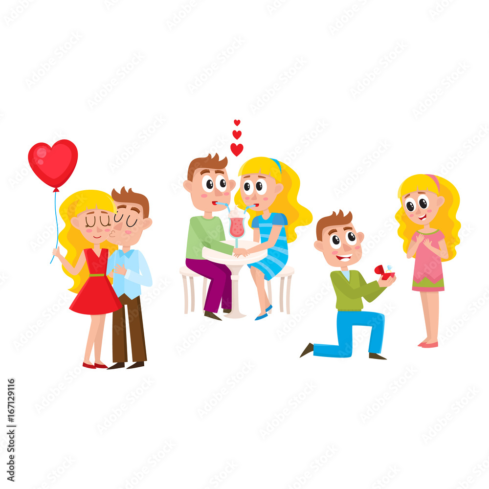 Loving couple - kissing, dating, making proposal, romantic relationships, happy together, cartoon, comic vector illustration isolated on white background. Loving couple, kissing, dating, proposal