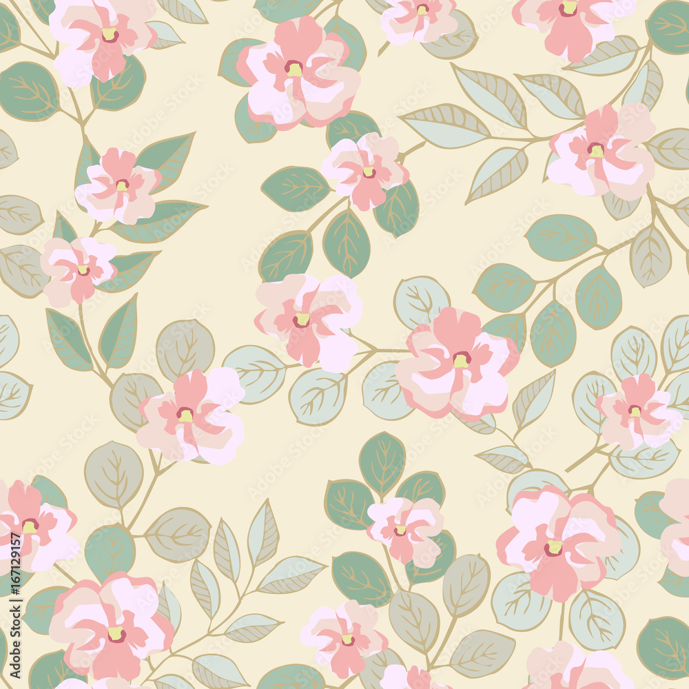 Floral seamless pattern from thin twigs with leaves and flowers. For fabric, wallpaper, gift wrap.