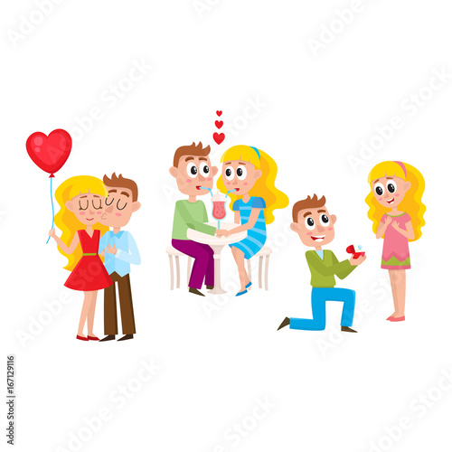 Loving couple - kissing, dating, making proposal, romantic relationships, happy together, cartoon, comic vector illustration isolated on white background. Loving couple, kissing, dating, proposal