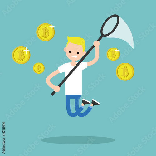 Young male character mining bitcoins. Conceptual illustration, clip art. flat editable vector