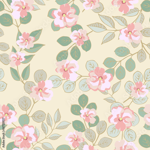 Floral seamless pattern from thin twigs with leaves and flowers. For fabric, wallpaper, gift wrap. © evamarina