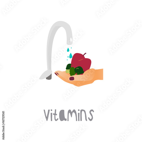 Vector fresh and clean food vitamins concept. Flat, cartoon illustration isolated on white background. Opened palm holding fruits and vegetables to clean. Hygiene healthy eating and lifestyle symbol.