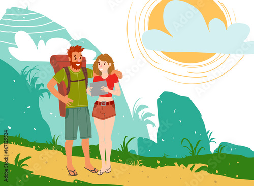 Young woman and man, couple of backpackers, hitchhikers, travelers, pretty girl and hipster man with backpack, travelling together, cartoon illustration.