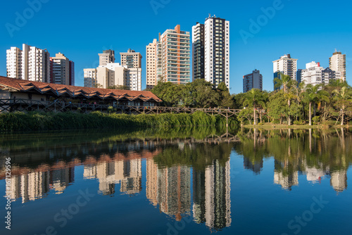 Apartment Buildings Reflected in Water of the Public Park in Curitiba City, Brazil