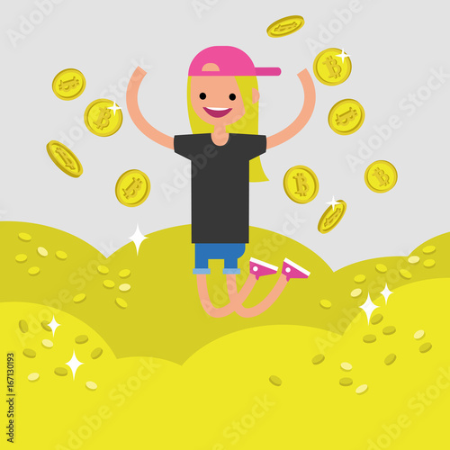 Young character mining bitcoins. Conceptual cartoon illustration, clip art