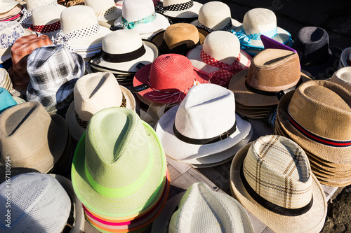 Many hats from the sun. Women's Men's designer hats from the sun of different colors. Beach hats for summer