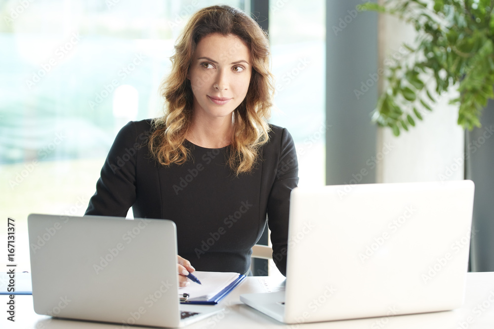 Businesswoman portrait. Portrait of a smiling financial assistant working on laptop at the office. 