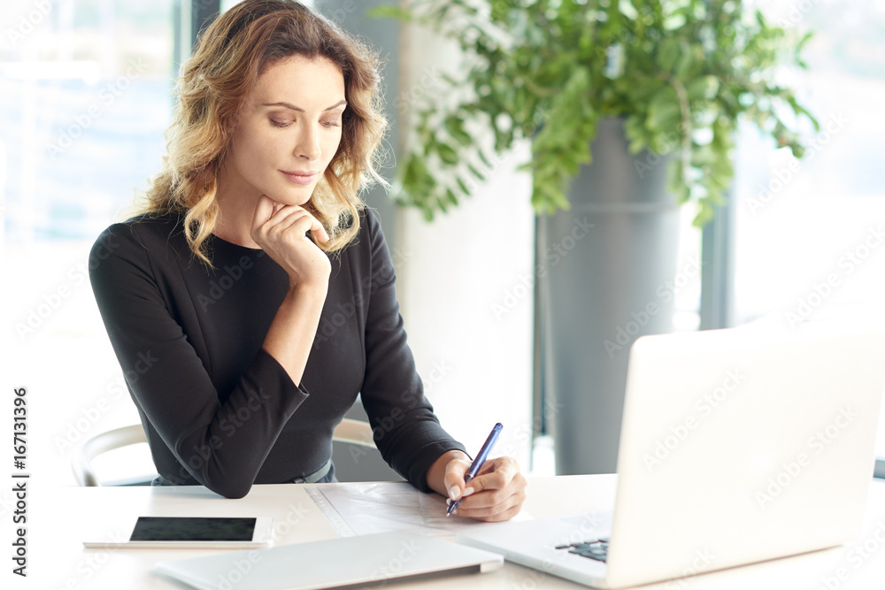 Businesswoman portrait. Portrait of a smiling financial assistant working on laptop at the office. Businesswoman portrait. Portrait of a smiling financial assistant working on laptop at the office.