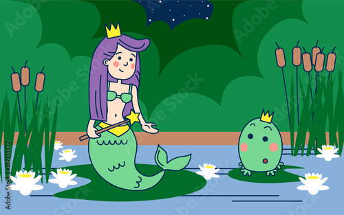 Mermaid and frog on a Lake.