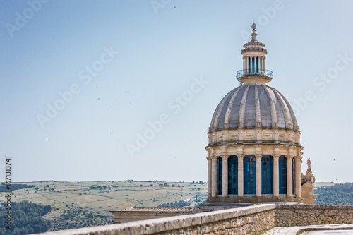 Italy, Sicily, Ragusa Ibla, view of the baroque town and St. George's Cathedral dome.
