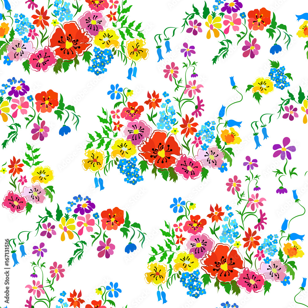 Seamless pattern with a bright floral print on a white background. Seamless pattern with a bright floral print on a white background.