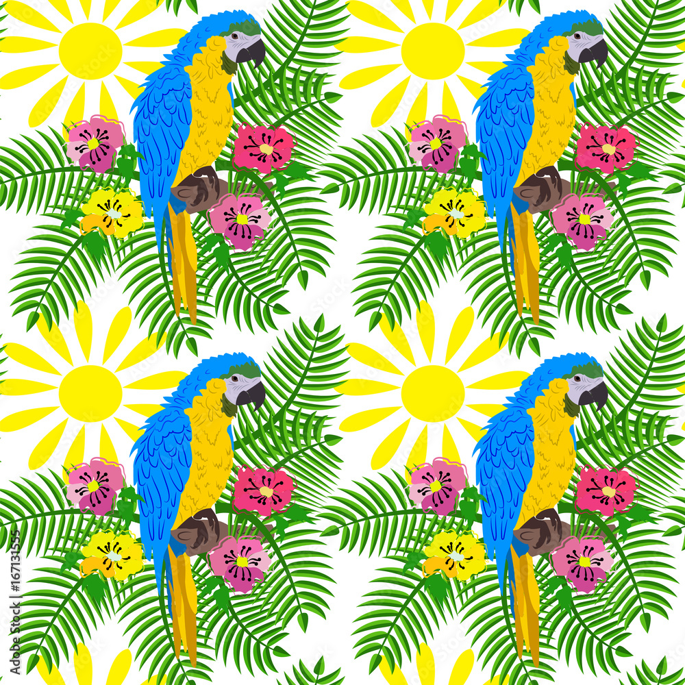 Seamless pattern with a parrot on a branch with flowers and sunshine.