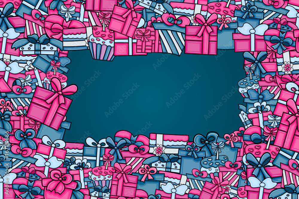 Presents and gift boxes cartoon doodle design. Cute background concept for birthday greeting card,  advertisement, banner, flyer, brochure. Hand drawn vector illustration. Pink and blue color.