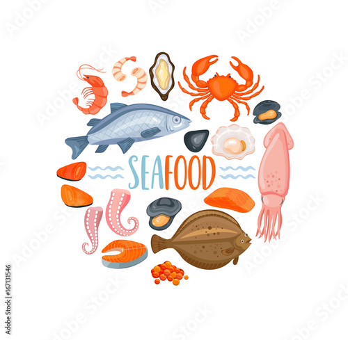Set of seafod icons in cartoon style, vector.