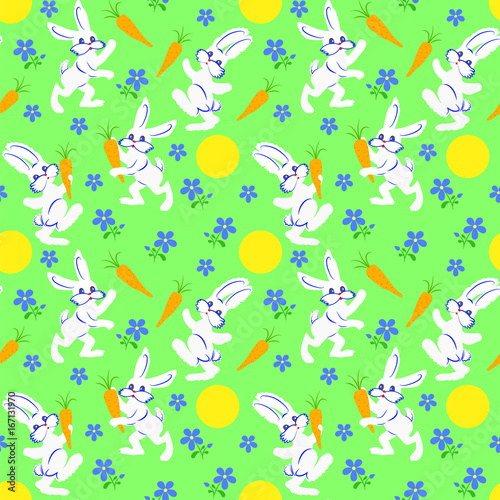 Seamless pattern with hares and carrots, flowers and sun on a green background