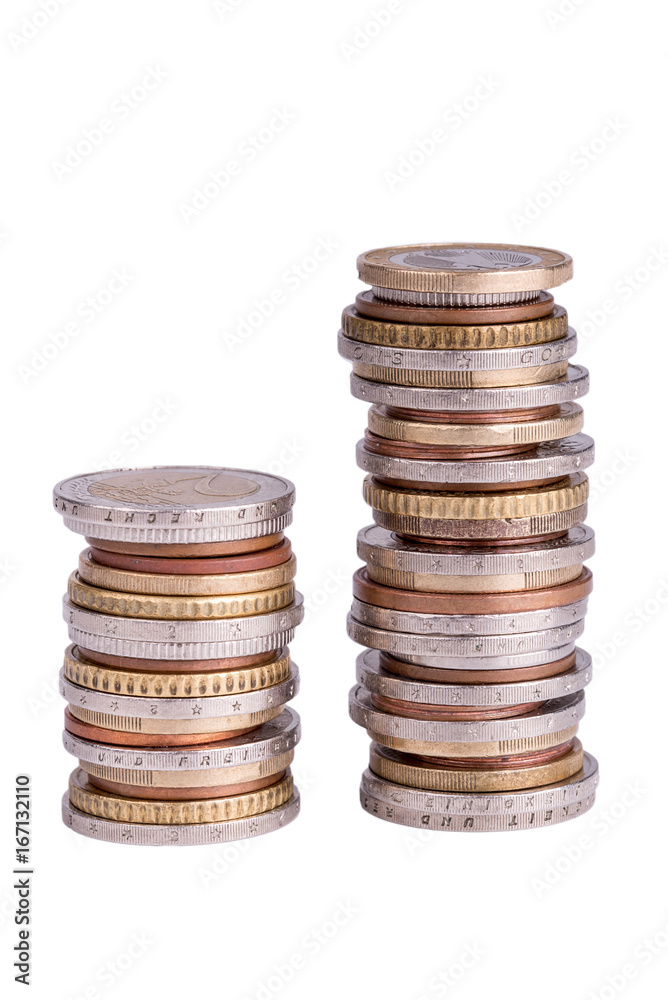 Two piles of euro coins isolated on white background
