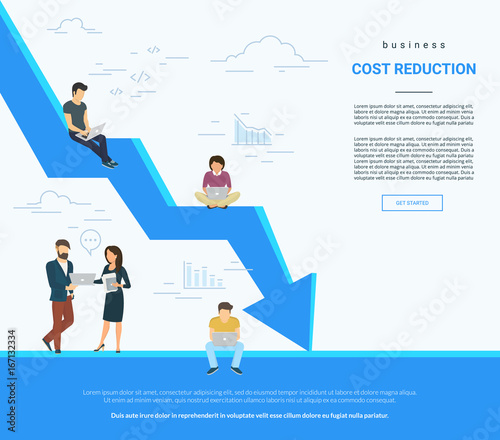 Business cost reduction concept vector illustration of professional people working together as team and sitting on arrow. Flat people with laptops developing and reducing risks and price. White poster