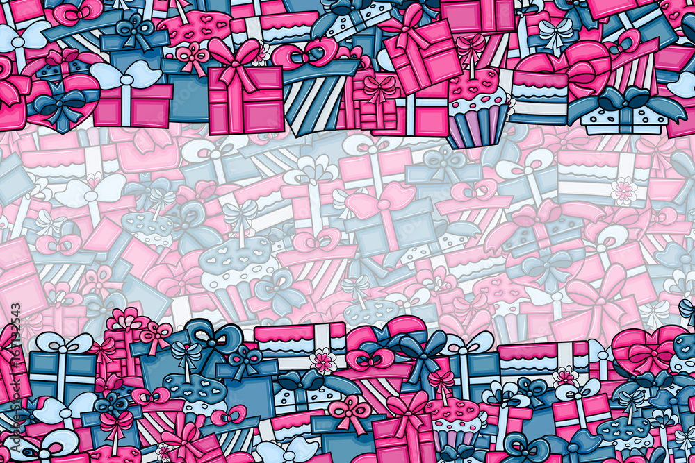 Obraz premium Presents and gift boxes cartoon doodle design. Cute background concept for birthday greeting card, advertisement, banner, flyer, brochure. Hand drawn vector illustration. Pink and blue color.