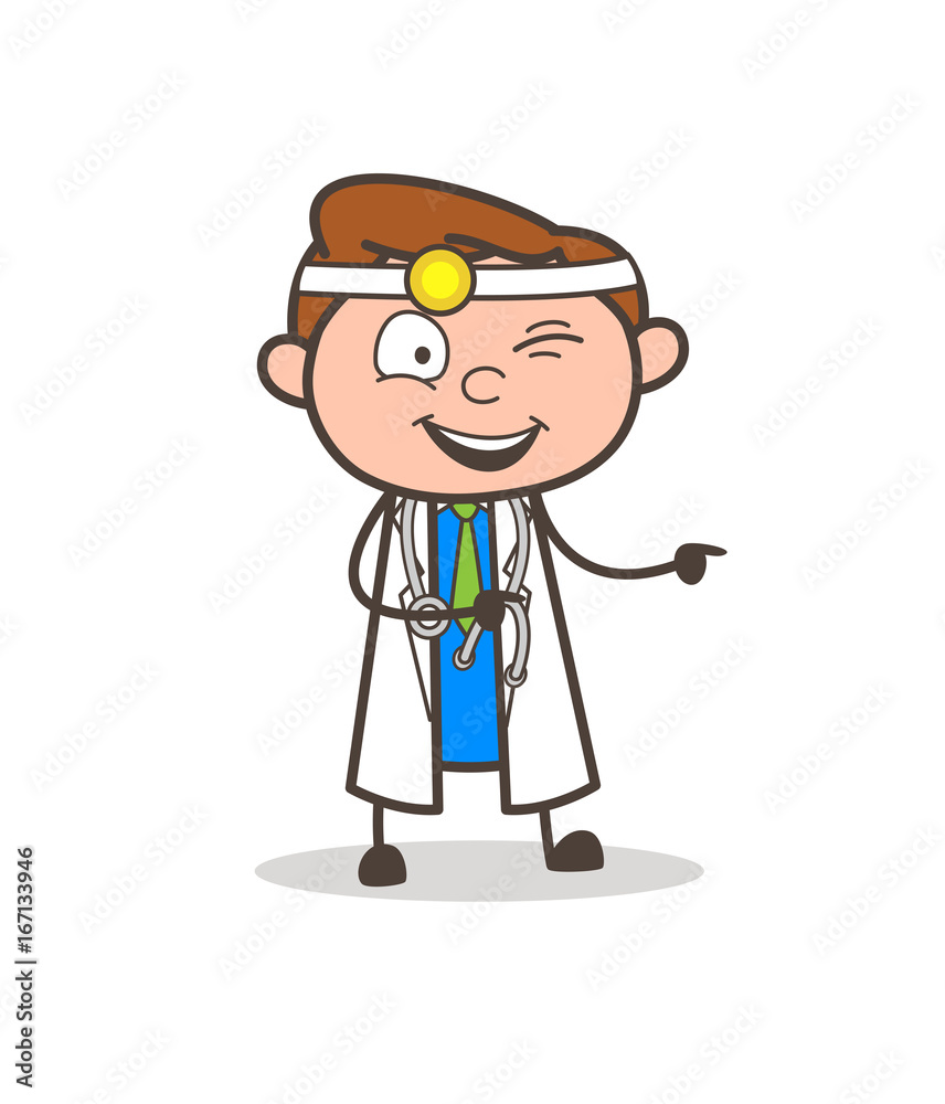Cartoon Funny Naughty Doctor Winking Eye and Pointing Finger Vector Cartoon Funny Naughty Doctor Winking Eye and Pointing Finger Vector