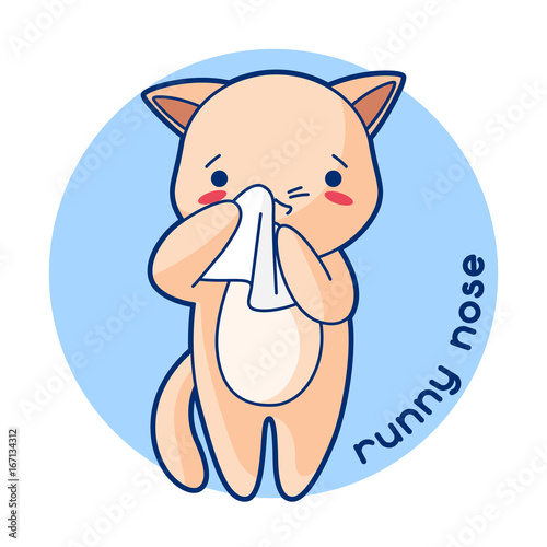Runny nose sick cute kitten. Illustration of kawaii cat