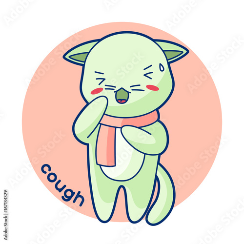Cough sick cute kitten. Illustration of kawaii cat