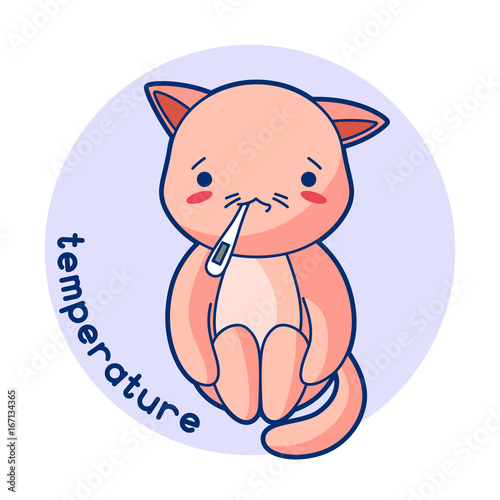Temperature sick cute kitten. Illustration of kawaii cat