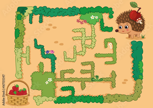 Help hedgehog to find way to apple basket in the maze game. (Vector illustration)
