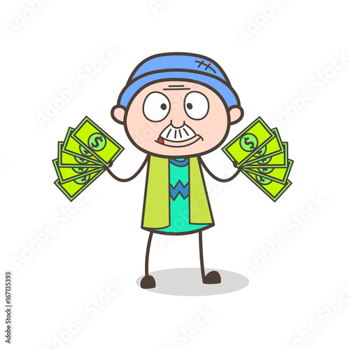 Cartoon Greedy Grandpa Showing Money Vector Illustration