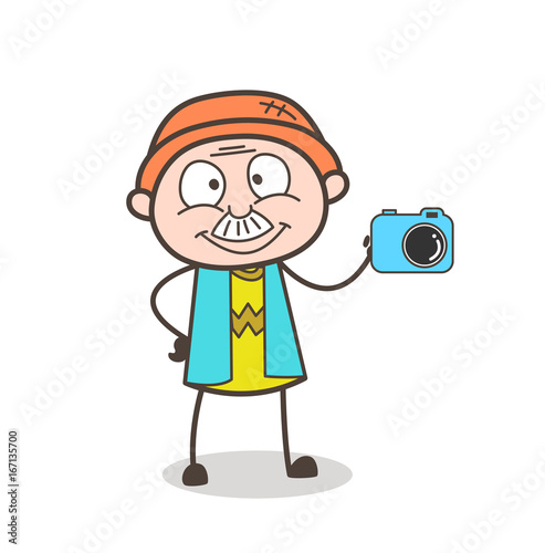 Cartoon Grandpa Marketing for Digital Camera Vector Illustration
