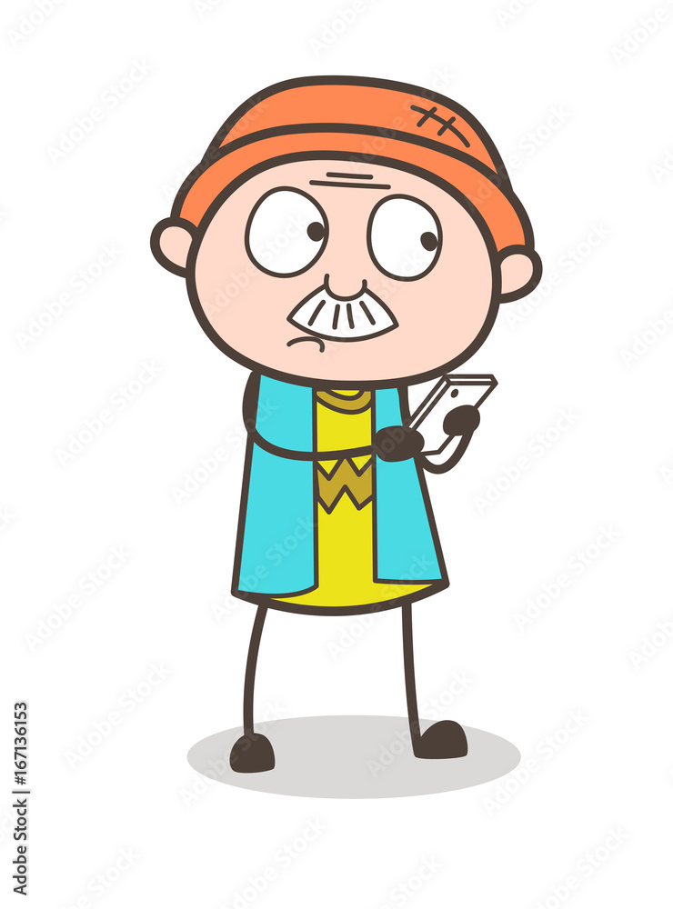 Cartoon Old Uncle Chatting on Mobile Vector Illustration