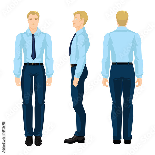 Vector illustration of business man in formal white shirt and black pants isolated on white background. Various turns man's figure. Front view, side and back view.