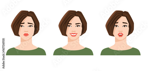 Collection of woman's emotions. Vector illustration of variations of facial expression. 