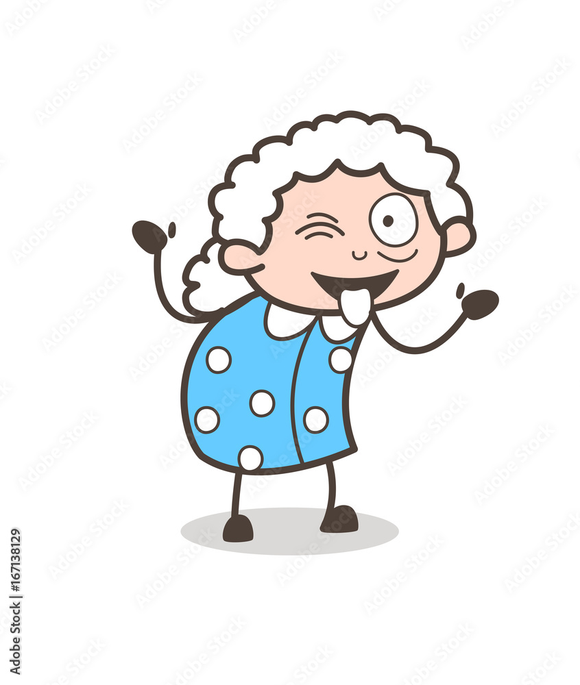 Cartoon Granny Face with Stuckout Tongue and Winking Eye Cartoon Granny Face with Stuckout Tongue and Winking Eye