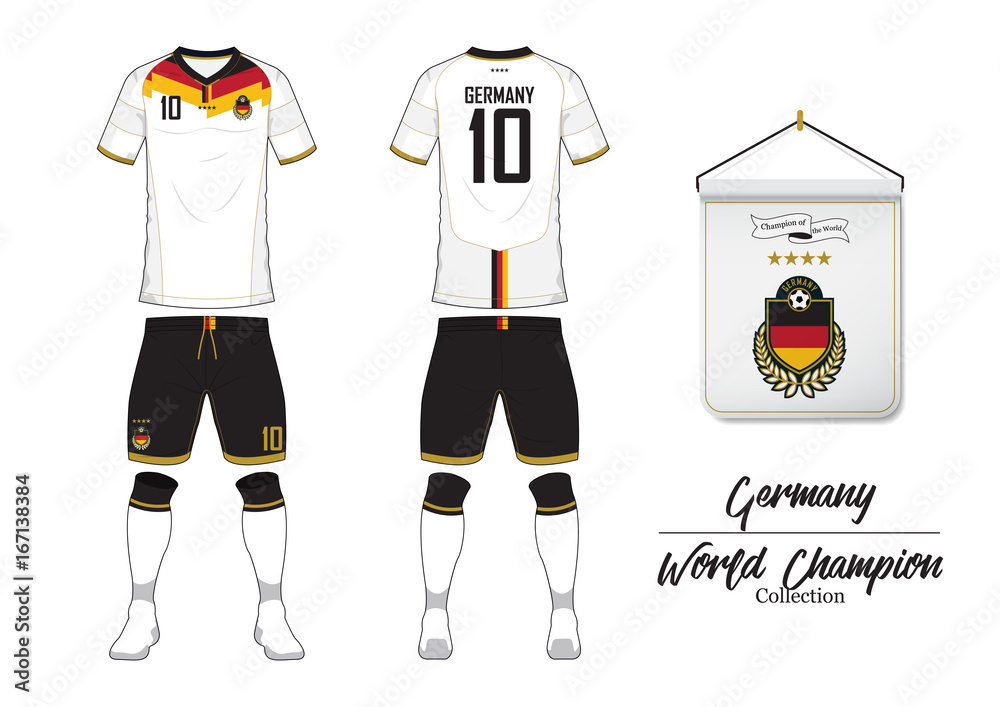 Vettoriale Stock Soccer jersey or football kit in World Championship  Collection. Germany football national team. Football logo with house flag.  Sport shirt mock up. Front and rear soccer uniform. Vector Illustration.