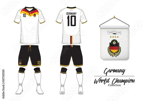 Soccer jersey or football kit in World Championship Collection. Germany football national team. Football logo with house flag. Sport shirt mock up. Front and rear soccer uniform. Vector Illustration.