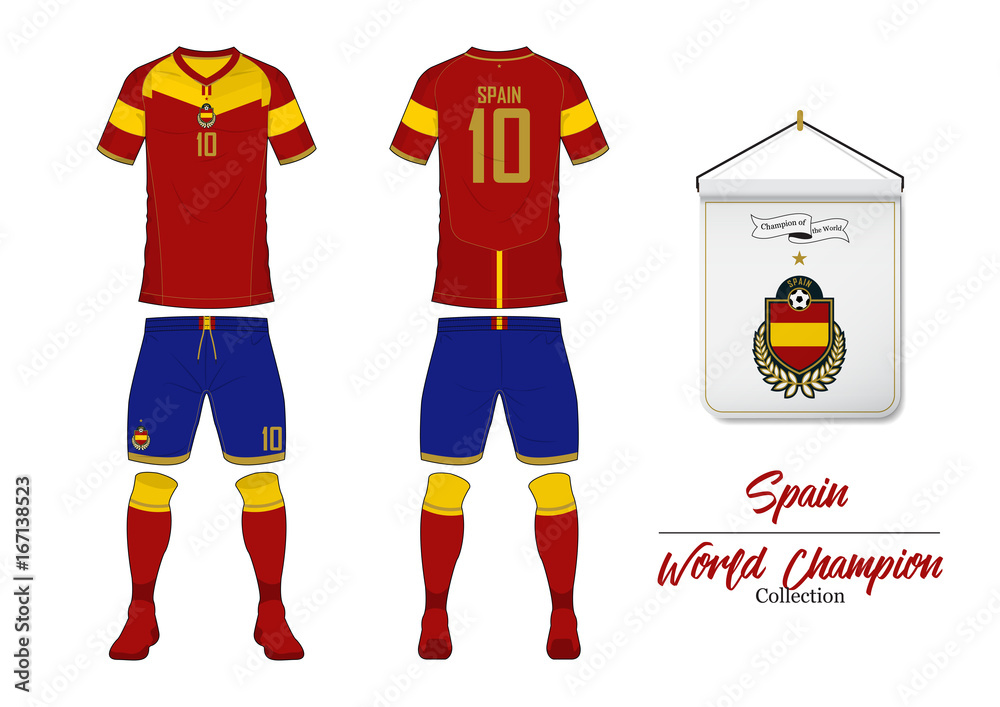 Soccer jersey or football kit in World Championship Collection. Spain  football national team. Football logo with house flag. Sport shirt mock up.  Front and rear soccer uniform. Vector Illustration. Stock Vector