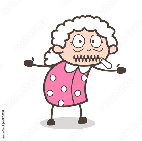 Cartoon Old Lady Zipper-Mouth Face Vector Illustration